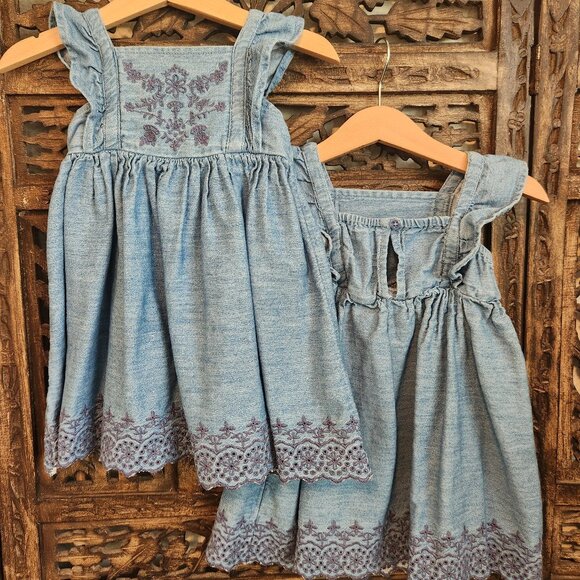 Old Navy Chambray Embroidered Ruffle-Trim Swing Dresses, size 18-24 m, Twin Girl - Picture 1 of 4